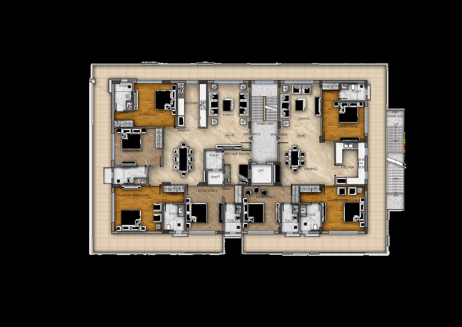 Urban Nest 4BHK floor plan with staff room and four bedrooms